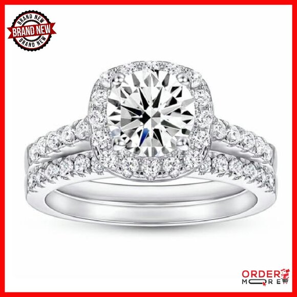 Platinum Plated Silver Moissanite Bridal Set Ring Size 8.5 - Picture 2 of 8